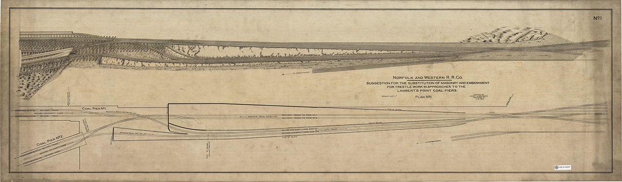 N&W RR Co, Suggestion for the substitution of masonry and embankment for trestle work in approaches to the Lambert's Point coal pier, Plan No 1