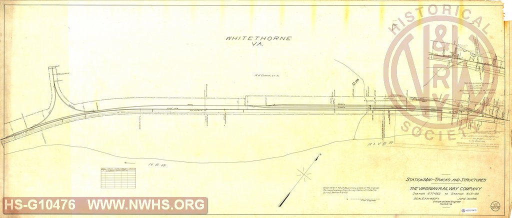 VGN valuation drawing for Whitethorne, VA, MP 268. Station Map - Tracks and Structures, The Virginian Railway Company Station 677+07.2 to Station 615+00