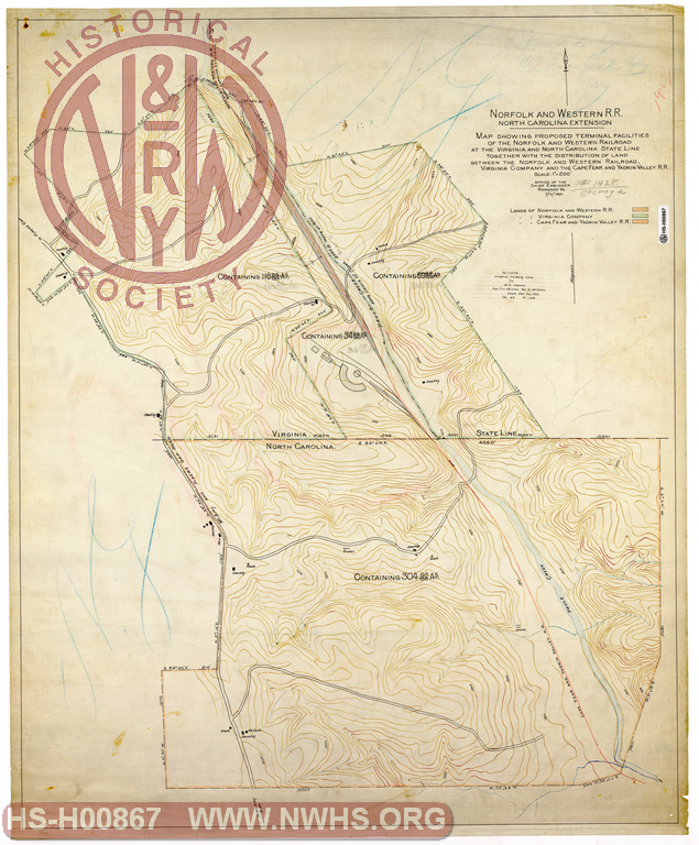 N&W North Carolina Extension, Map Showing Proposed Terminal Facilities of the N&W RR at the Virginia and North Carolina State Line together with the distribution of land between the N&W RR, Virginia Company and the Cape Fear and Yadkin Valley RR