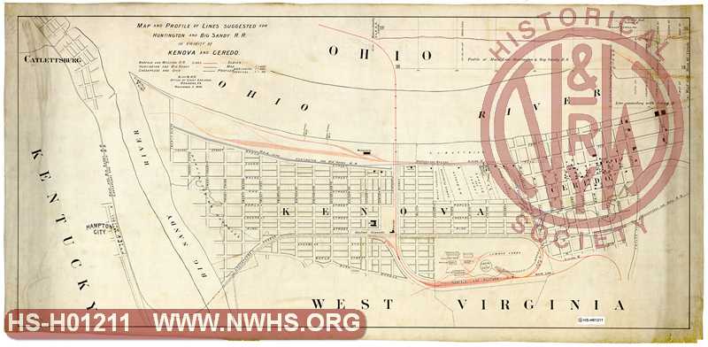 Map and profile of lines suggested for Huntington and Big Sandy RR in vicinity of Kenova and Ceredo