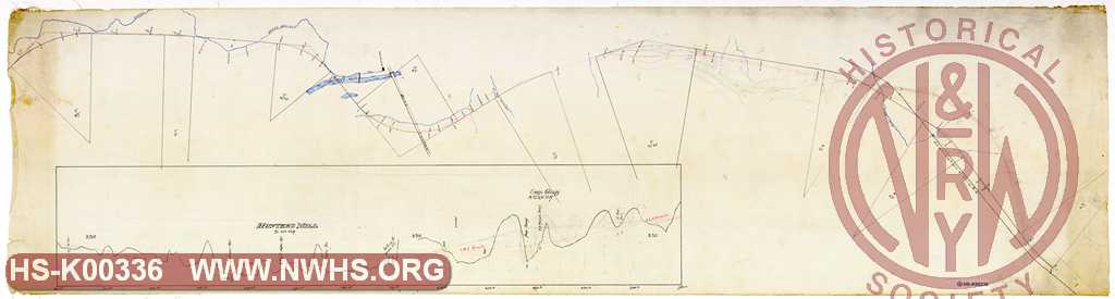 Untitled, Washington Branch early survey with profile, "Hunter's Mill", "Grade Crossing W.O. & W. R.R"