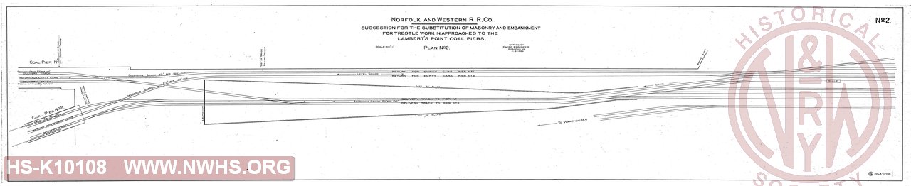 Norfolk and Western R.R. Co. Suggestion for the substitution of masonry and embankment for trestle work in approaches to the Lambert's Point coal piers. Plan No 2