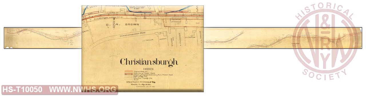 Map showing present track and original center line of N&W RR from MP 289 west to MP 295