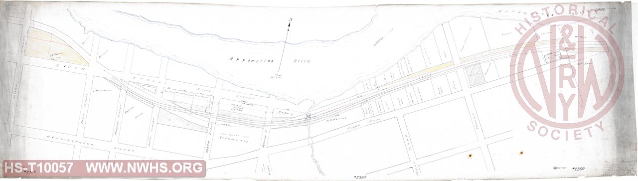 untitled map of portion of Petersburg VA along Appomatox River show right of way and routes of Southside RR and Norfolk & Petersburg RR
