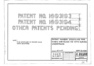 Patent Number Stenciling for Cabin Car Class CG with Duryea Underframe