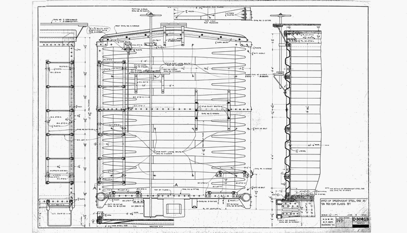 Arrangement of Dreadnaught steel end 50 Ton Box Car Class BT