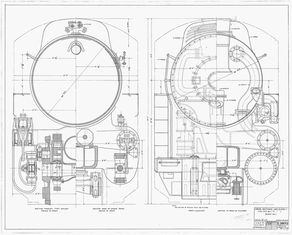 Cross Sections, Loco. Class J (Eng. Nos. 605-613)  Sheet No. 1.