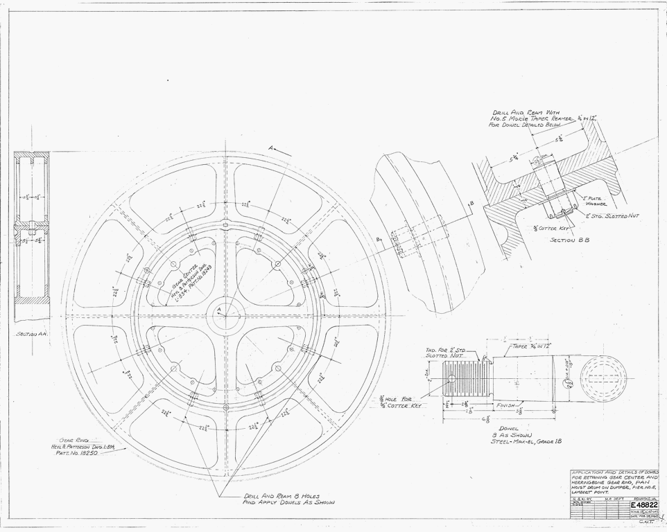Application and details of dowels for retaining gear center and herringbone gear ring, pan hoist drum on dumper, Pier No. 5, Lamberts Point