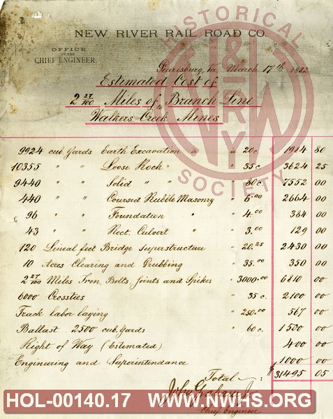 New River Rail Road Co., Estimated Cost of 2.27 miles of branch line to Walkers Creek Mines.