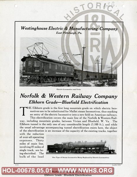 Westinghouse Ad for N&W Elkhorn Grade-Bluefield Electrification