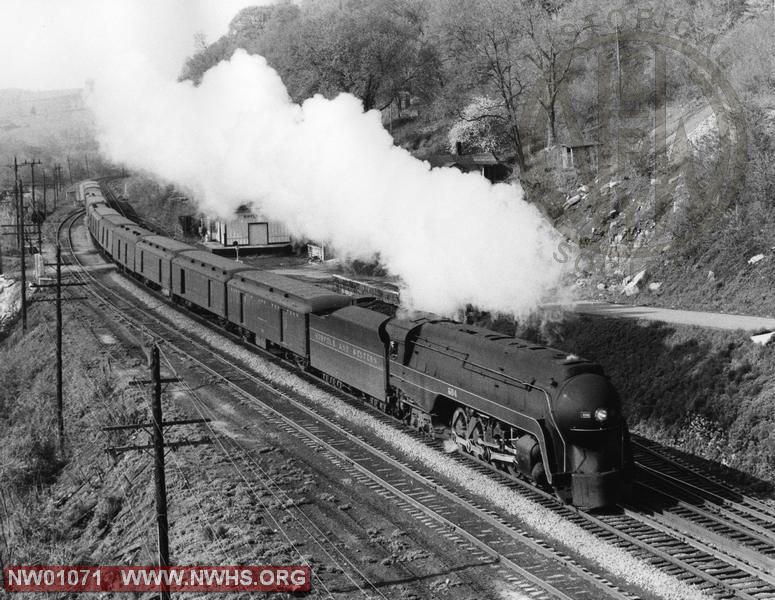 Class "J" #604 Right 3/4 view - B&W - @Ripplemead, VA (W/#15 -Depot in background)