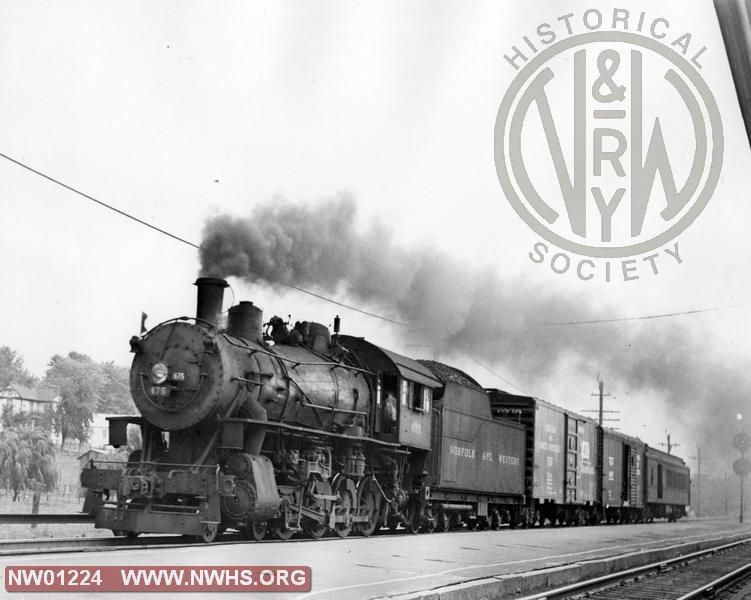 N&W Class M #475 - Left 3/4 front view - B&W - @ Christiansburg, VA with Mixed Train for Blacksburg