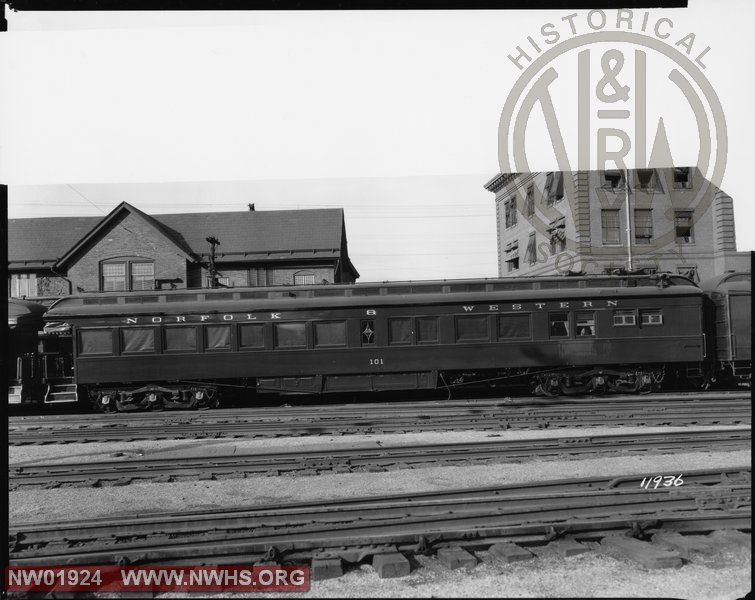 Class "XO" #101, Side View, B&W  9Blt. Pullman 8/1892 as N&W #100..renumbered 2/1911 to allow first all-steel business car to be #100)
