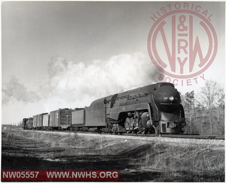 N&W Class J #610 right view on short freight train, south of Wakefield, VA, with eastbound "Petersburg Turn"