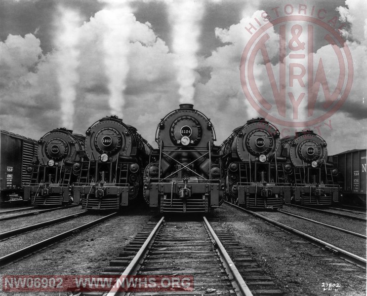 N&W Class A 1201,1202,1205,1204 and Y6 2124 Front View at Roanoke,VA June 21,1940
