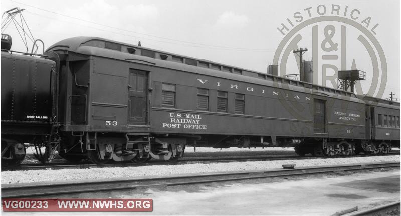 BM-3 Baggage & Mail Car, 5/8 View, B&W, @ Roanoke, VA